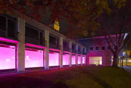 Foto der Fassade des Kölner Kunstvereins bei Nacht aufgenommen. Die Fensteröffnungen sind als Teil der Installation zugemauert und pink angeleuchtet.
