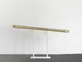 Objekt aus einem Skier, um den Haare gewickelt sind 