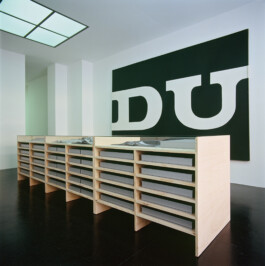 Vitrine mit Regalfächern aus Tischlerplatte 