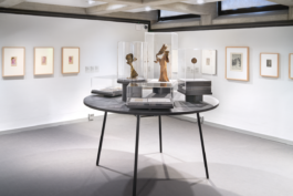 Runder Tisch mit runden und eckigen kleinen Vitrinen darauf 