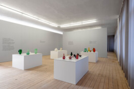 Großer Raum mit Holzdielen, hellgrauen Stellwänden, umlaufend grauen Vorhängen und großen weißen 