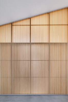 Trennwand aus Lamellen vor einer transluzenten Platte.