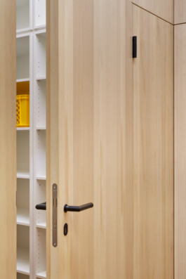 Detailaufnahme leicht geöffneter Tür aus Weißtanne mit dunklem Türgriff und Türband zu einem Abstellraum. 