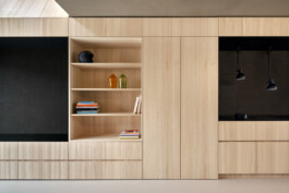 Schrankwand und Küche mit heller Holzoberfläche und matt-schwarzen schwarzen Einsätzen. 