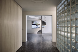 Blick auf zierliche Stahltreppe, im Vordergrund Glasbausteine und Weißtanne. 