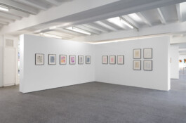 Ausstellungsansicht mit weißer L-förmiger Stellwand 