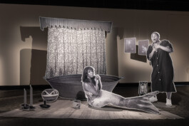 Installation aus mit Schwarzweiß-Fotografien bedruckten Objekten, die die Möblierung eines Badezimmers bilden.